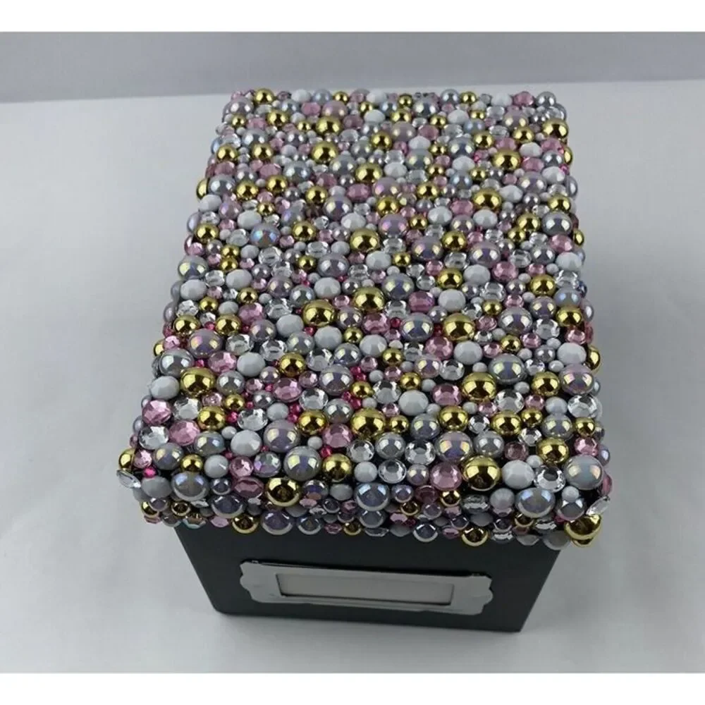 Handmade Keepsake Trinket Box Beaded Rhinestones Embellished & Lid